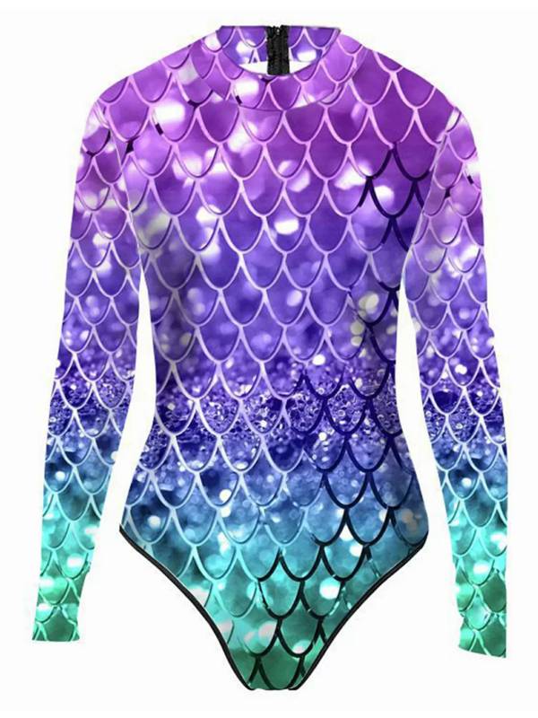 Women One-piece Mermaid Scale Print Rash Guard Swimsuit thumb