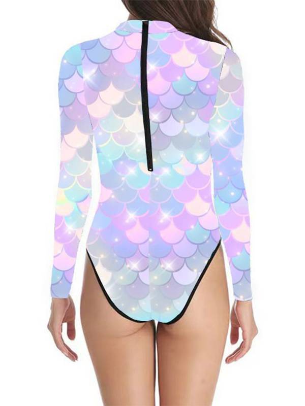 Women One-piece Mermaid Scale Print Rash Guard Swimsuit thumb