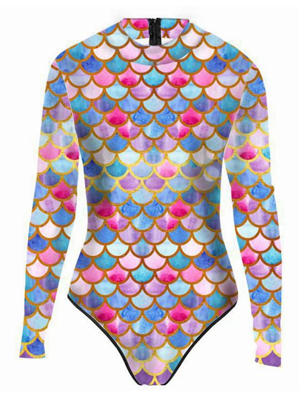 Women One-piece Mermaid Scale Print Rash Guard Swimsuit thumb