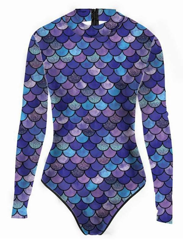 Women One-piece Mermaid Scale Print Rash Guard Swimsuit thumb