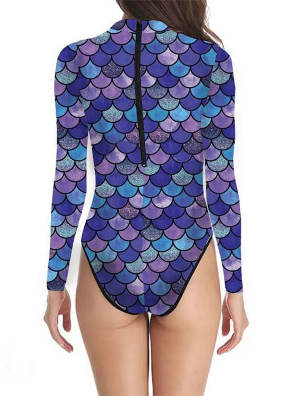 Women One-piece Mermaid Scale Print Rash Guard Swimsuit thumb