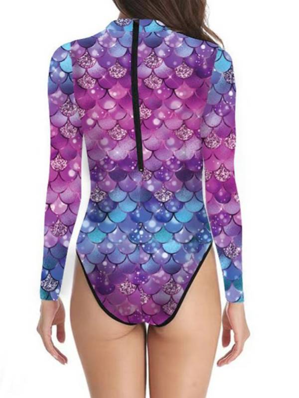 Women One-piece Mermaid Scale Print Rash Guard Swimsuit thumb