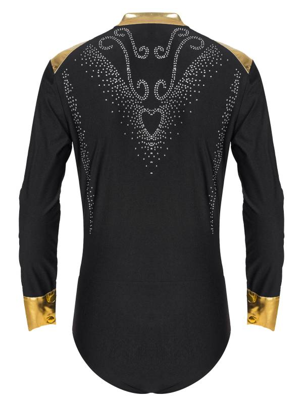 Men V Neck Long Sleeve Metallic Rhinestones Figure Skating Leotard thumb