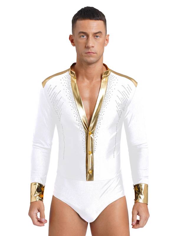 Men V Neck Long Sleeve Metallic Rhinestones Figure Skating Leotard thumb