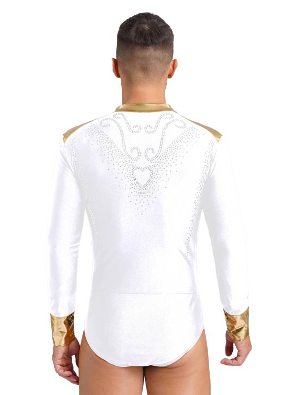 Men V Neck Long Sleeve Metallic Rhinestones Figure Skating Leotard thumb