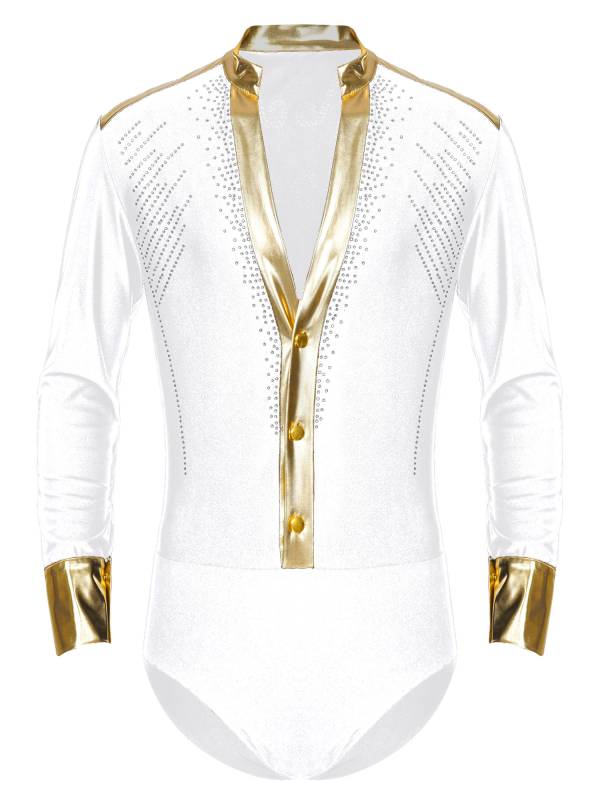 Men V Neck Long Sleeve Metallic Rhinestones Figure Skating Leotard thumb