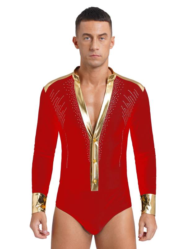 Men V Neck Long Sleeve Metallic Rhinestones Figure Skating Leotard thumb