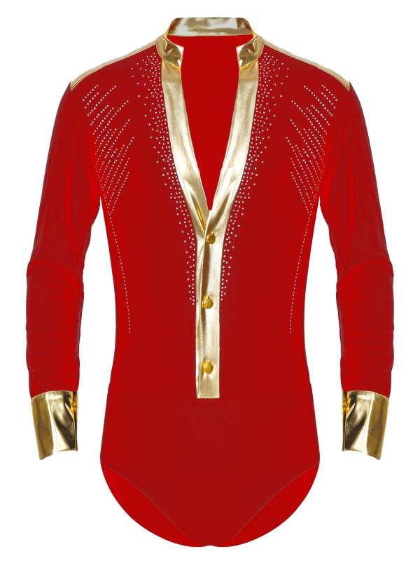 Men V Neck Long Sleeve Metallic Rhinestones Figure Skating Leotard thumb