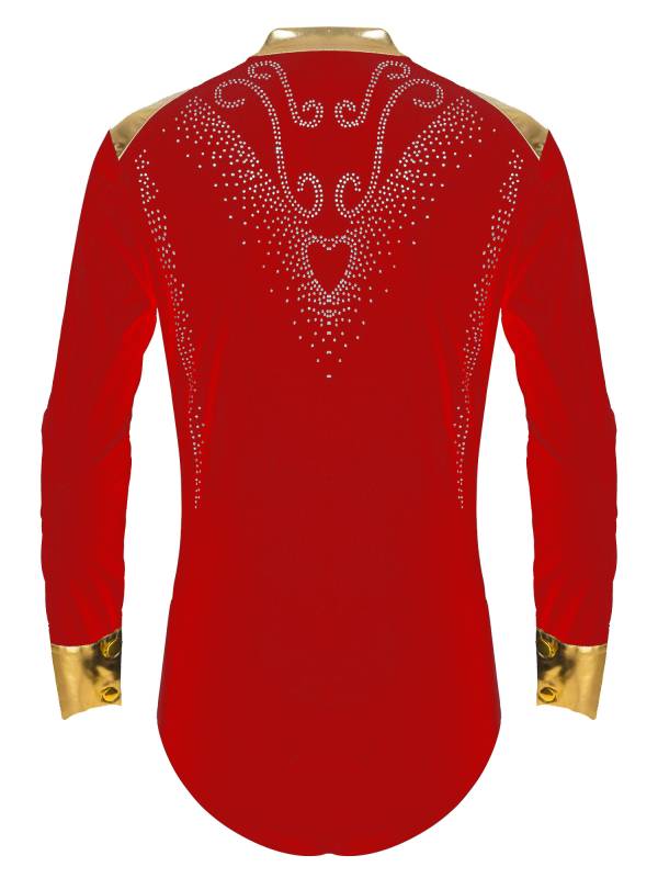 Men V Neck Long Sleeve Metallic Rhinestones Figure Skating Leotard thumb