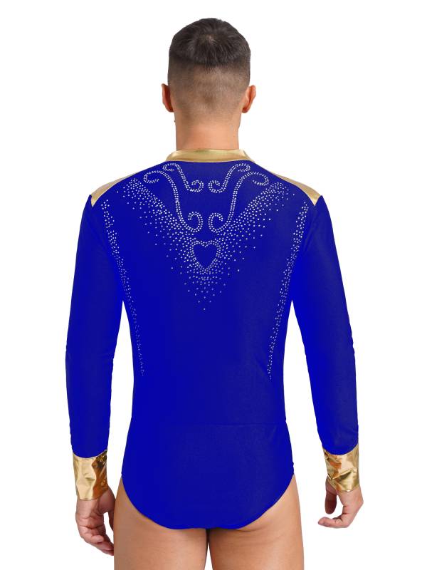 Men V Neck Long Sleeve Metallic Rhinestones Figure Skating Leotard thumb