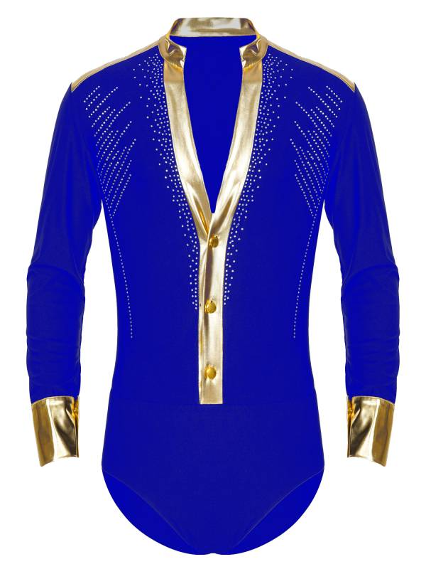 Men V Neck Long Sleeve Metallic Rhinestones Figure Skating Leotard thumb