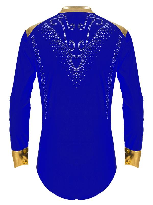Men V Neck Long Sleeve Metallic Rhinestones Figure Skating Leotard thumb