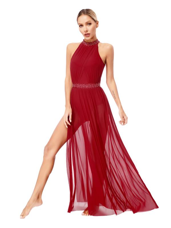 Women Sleeveless Rhinestones Side Slit Mesh Lyrical Dance Maxi Dress thumb