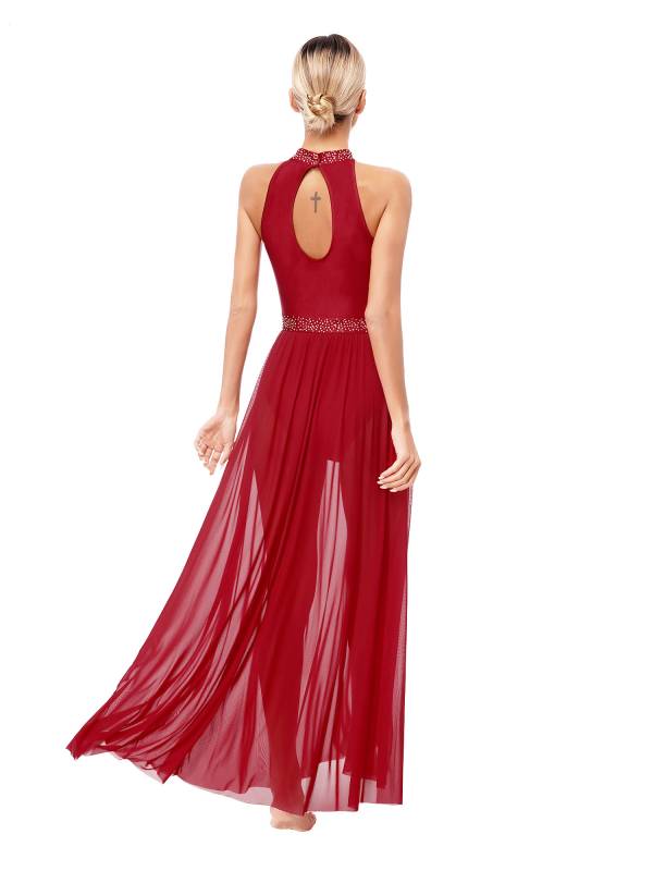 Women Sleeveless Rhinestones Side Slit Mesh Lyrical Dance Maxi Dress thumb