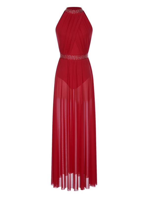 Women Sleeveless Rhinestones Side Slit Mesh Lyrical Dance Maxi Dress thumb