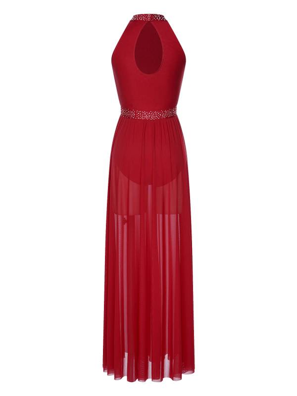 Women Sleeveless Rhinestones Side Slit Mesh Lyrical Dance Maxi Dress thumb