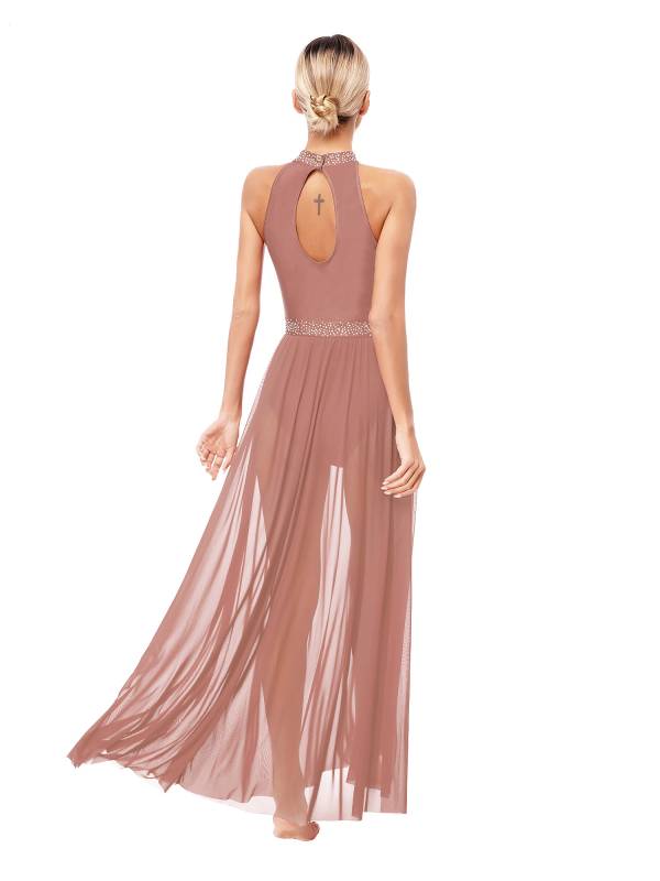 Women Sleeveless Rhinestones Side Slit Mesh Lyrical Dance Maxi Dress thumb