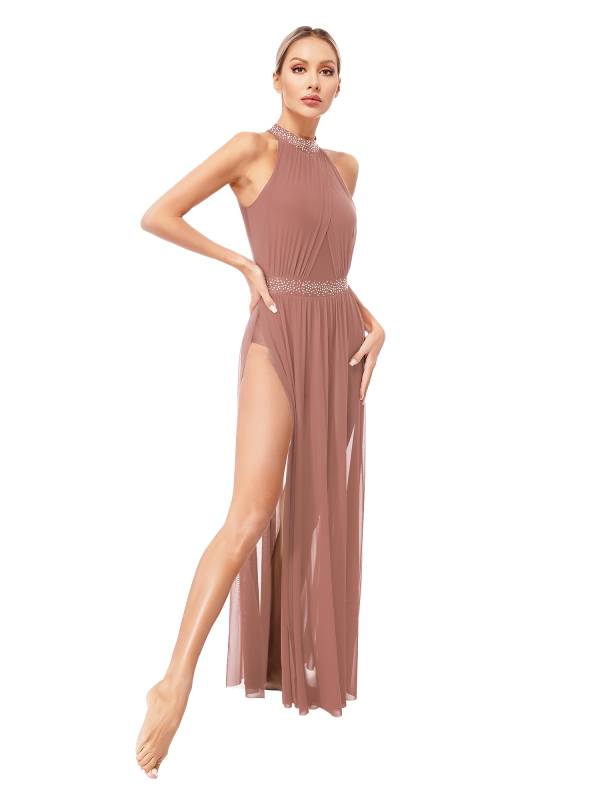 Women Sleeveless Rhinestones Side Slit Mesh Lyrical Dance Maxi Dress thumb