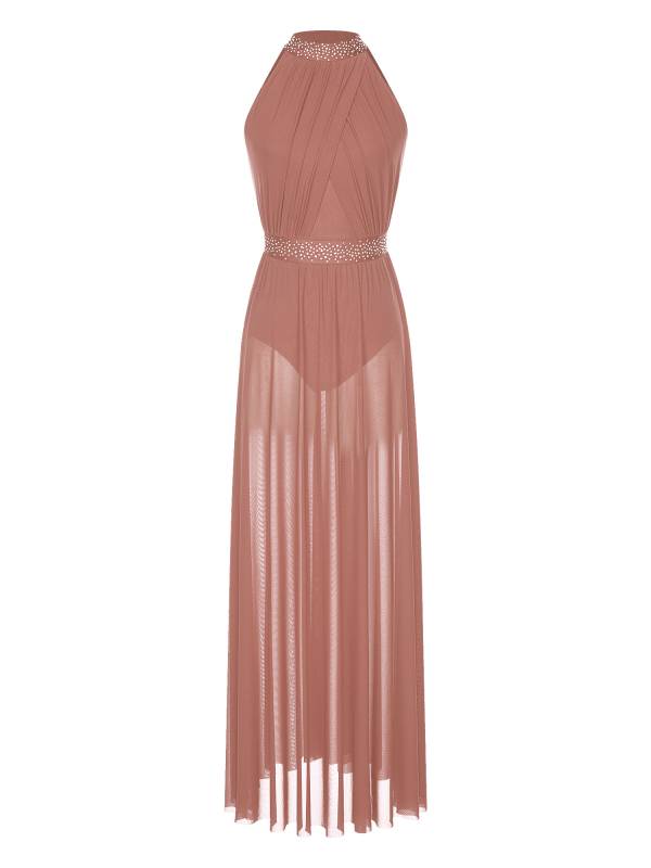Women Sleeveless Rhinestones Side Slit Mesh Lyrical Dance Maxi Dress thumb