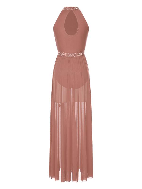 Women Sleeveless Rhinestones Side Slit Mesh Lyrical Dance Maxi Dress thumb
