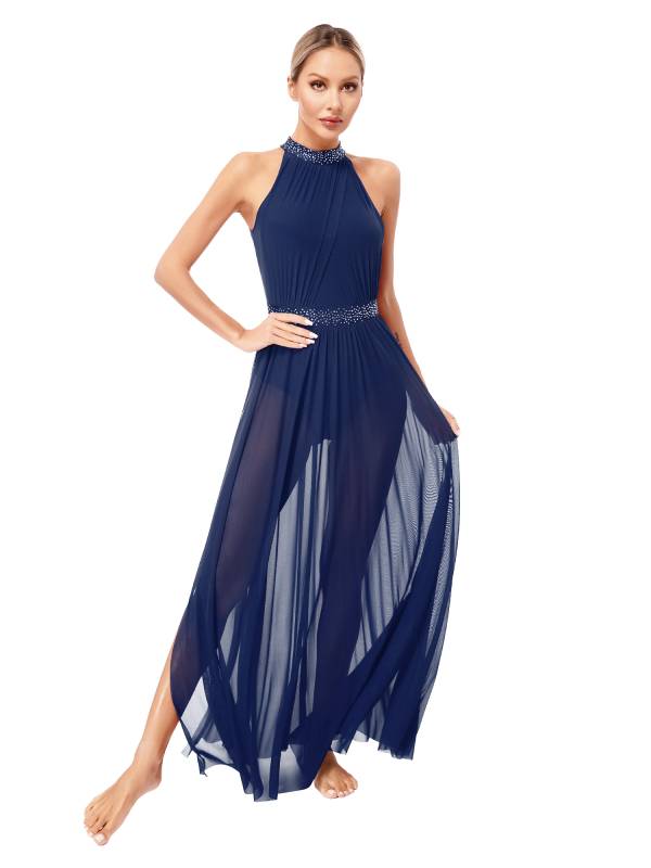 Women Sleeveless Rhinestones Side Slit Mesh Lyrical Dance Maxi Dress thumb