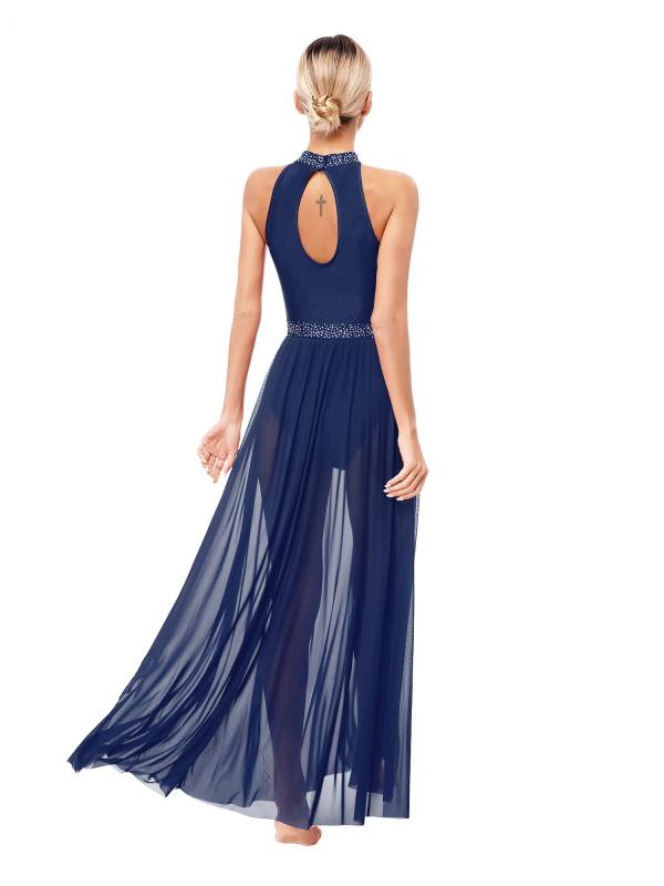 Women Sleeveless Rhinestones Side Slit Mesh Lyrical Dance Maxi Dress thumb