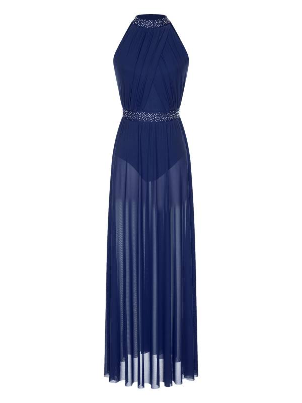 Women Sleeveless Rhinestones Side Slit Mesh Lyrical Dance Maxi Dress thumb