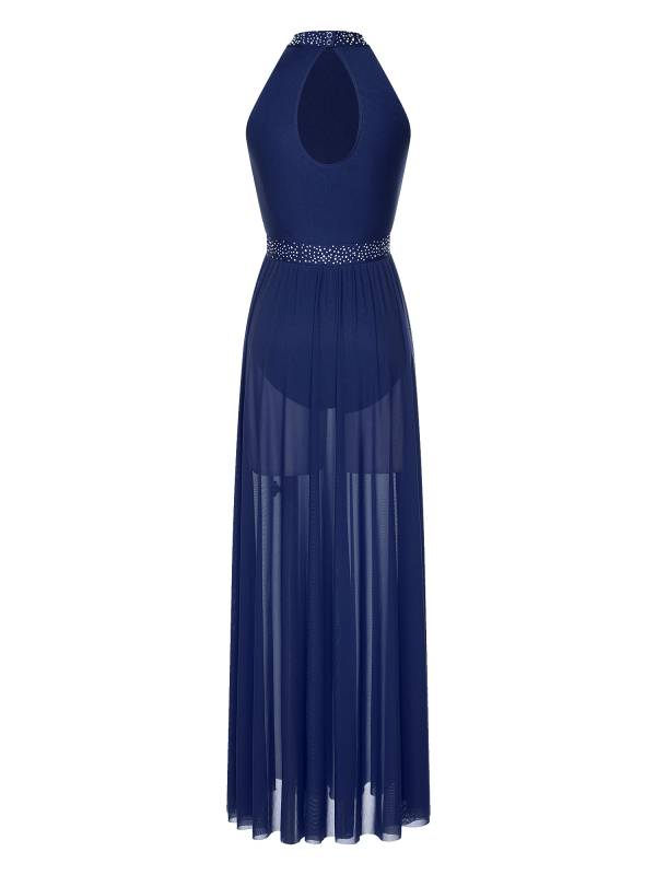 Women Sleeveless Rhinestones Side Slit Mesh Lyrical Dance Maxi Dress thumb