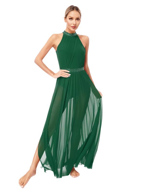 Women Sleeveless Rhinestones Side Slit Mesh Lyrical Dance Maxi Dress thumb