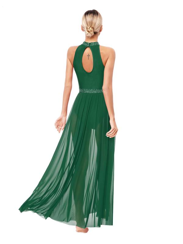 Women Sleeveless Rhinestones Side Slit Mesh Lyrical Dance Maxi Dress thumb
