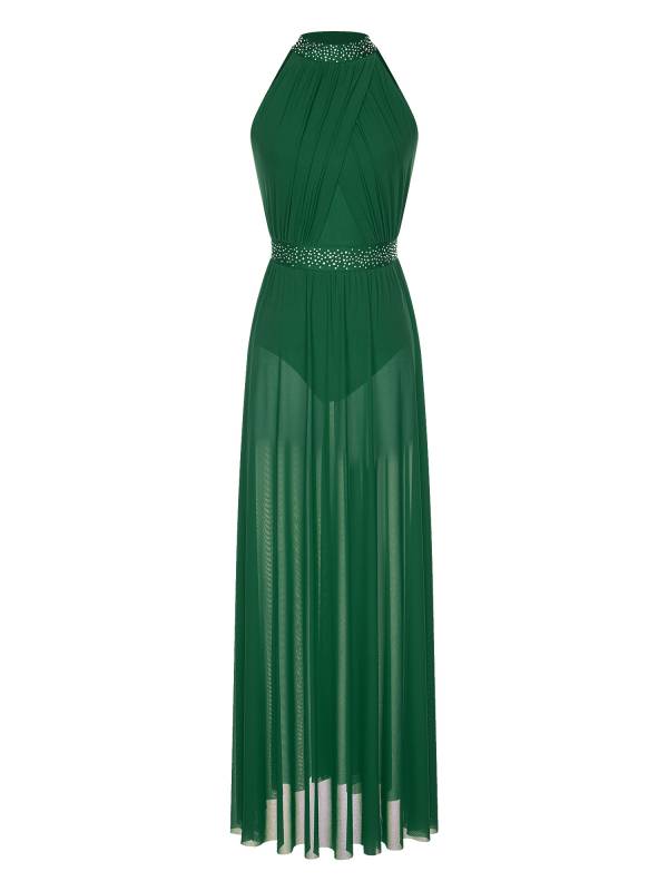 Women Sleeveless Rhinestones Side Slit Mesh Lyrical Dance Maxi Dress thumb