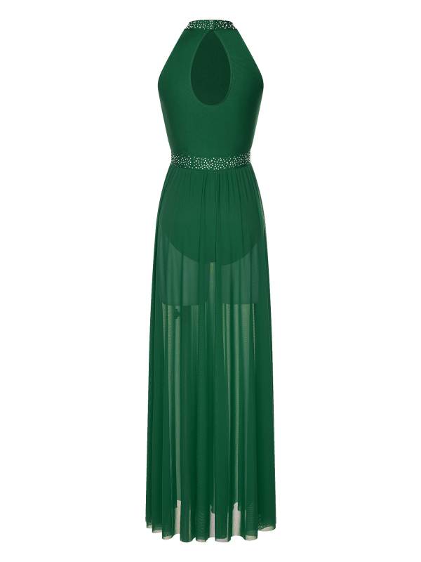 Women Sleeveless Rhinestones Side Slit Mesh Lyrical Dance Maxi Dress thumb