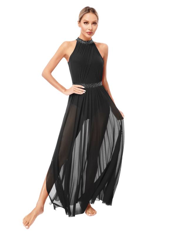 Women Sleeveless Rhinestones Side Slit Mesh Lyrical Dance Maxi Dress thumb