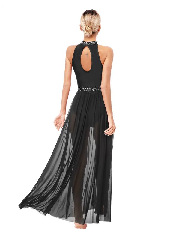 Women Sleeveless Rhinestones Side Slit Mesh Lyrical Dance Maxi Dress thumb