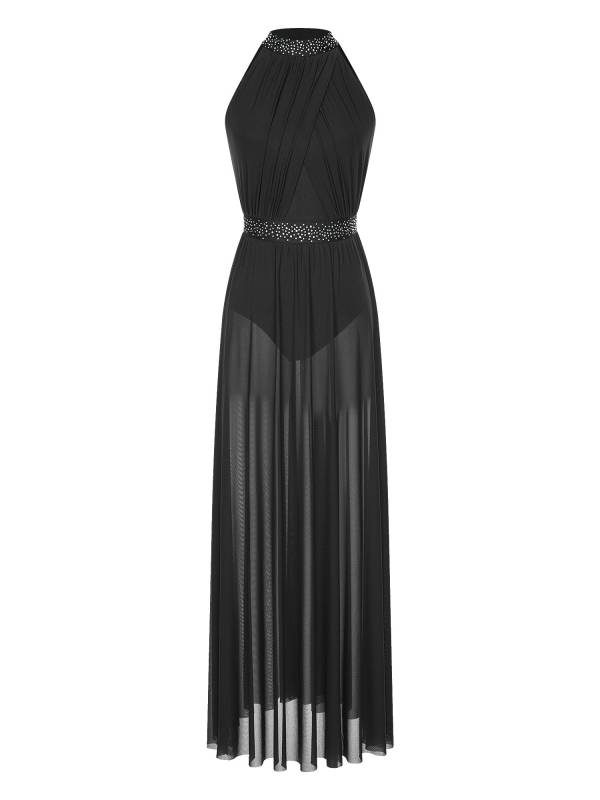 Women Sleeveless Rhinestones Side Slit Mesh Lyrical Dance Maxi Dress thumb