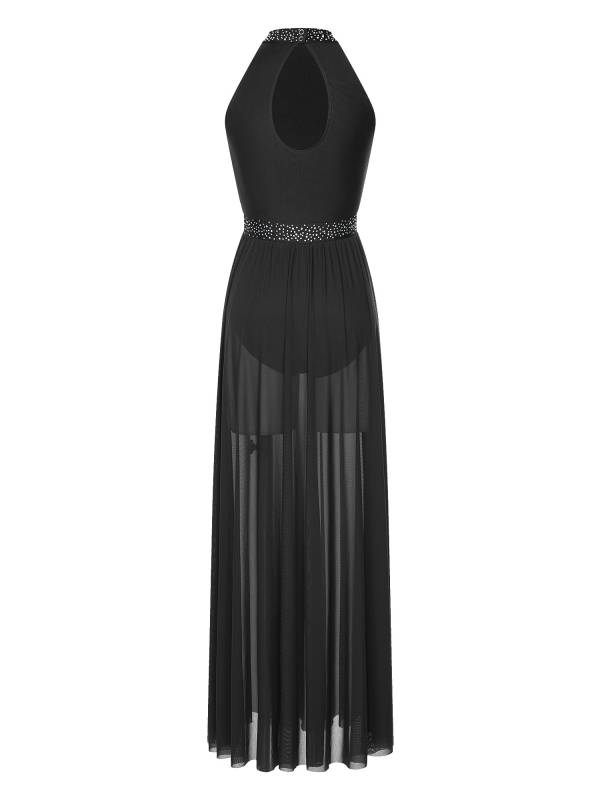 Women Sleeveless Rhinestones Side Slit Mesh Lyrical Dance Maxi Dress thumb