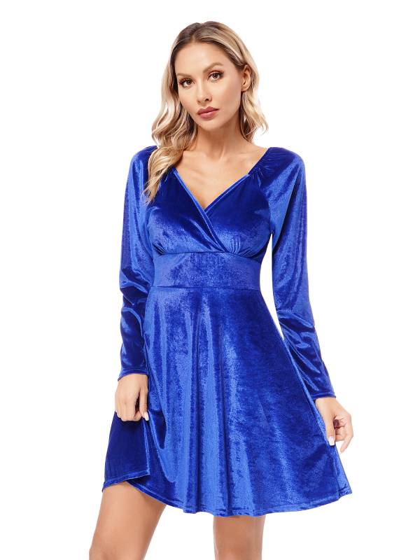 Women Velvet V Neck Long Sleeve Cocktail Dress thumb