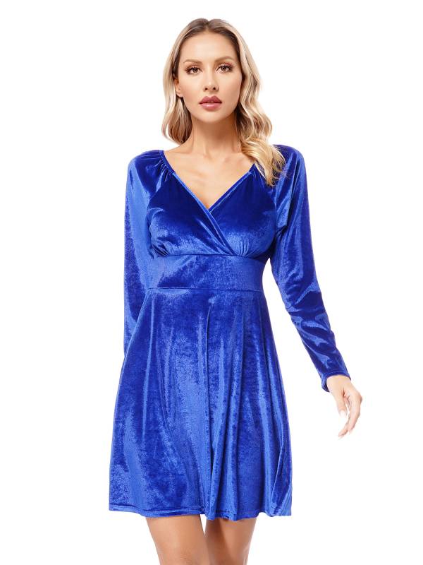 Women Velvet V Neck Long Sleeve Cocktail Dress thumb