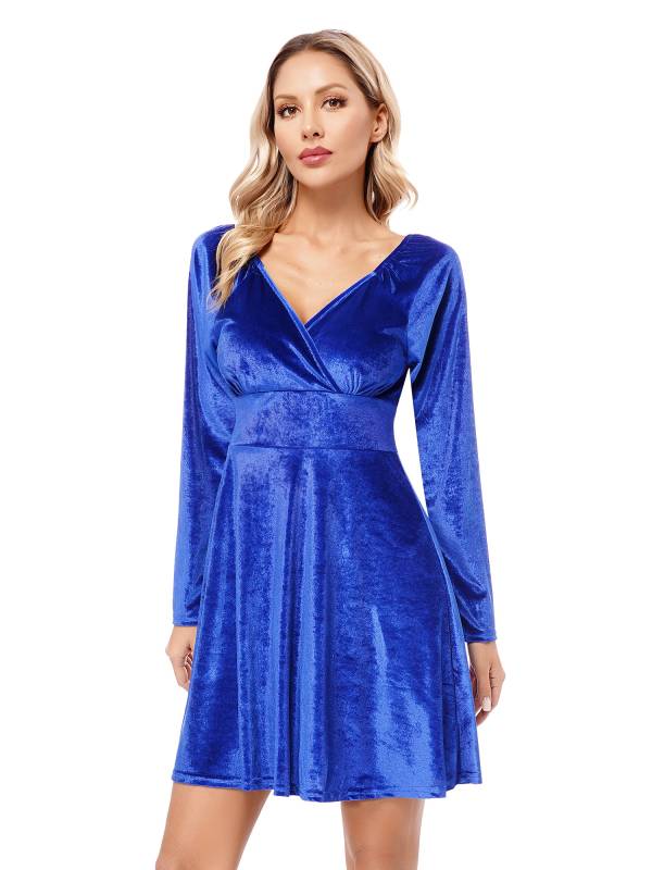 Women Velvet V Neck Long Sleeve Cocktail Dress thumb