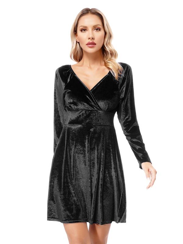 Women Velvet V Neck Long Sleeve Cocktail Dress thumb