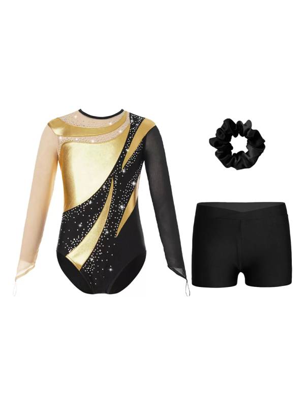 Kids Girls 3pcs Long Sleeve Leotard and Shorts Hairband Gymnastics Set thumb