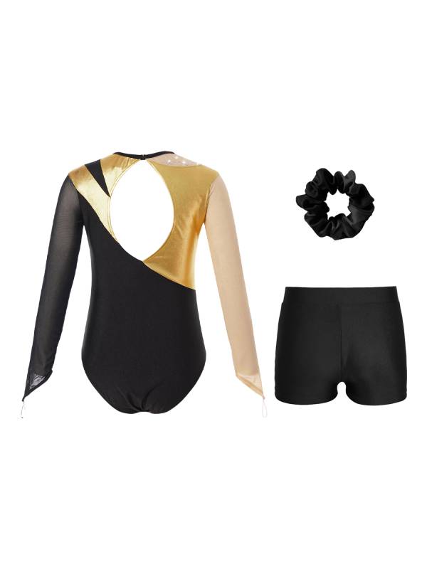 Kids Girls 3pcs Long Sleeve Leotard and Shorts Hairband Gymnastics Set thumb