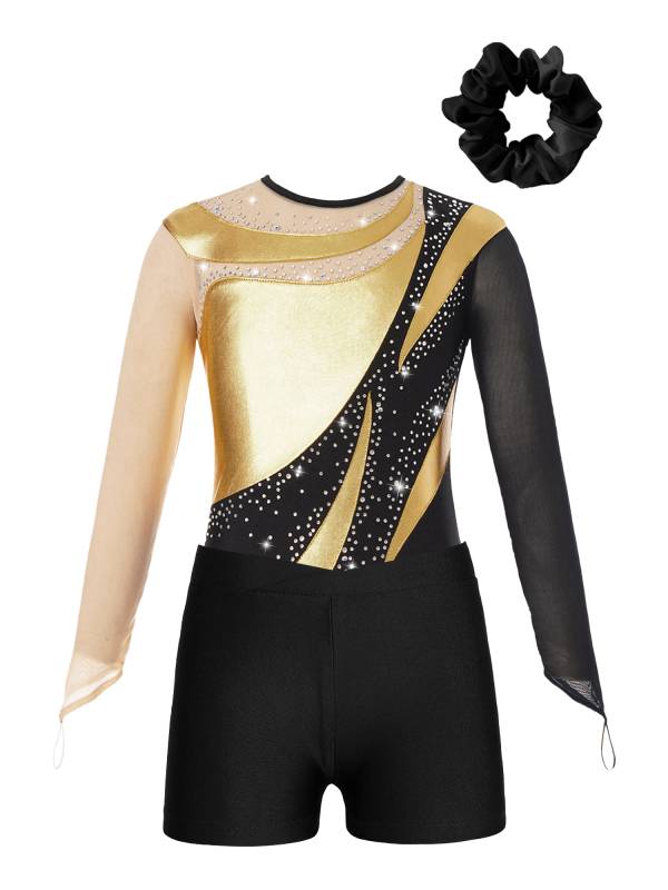 Kids Girls 3pcs Long Sleeve Leotard and Shorts Hairband Gymnastics Set thumb