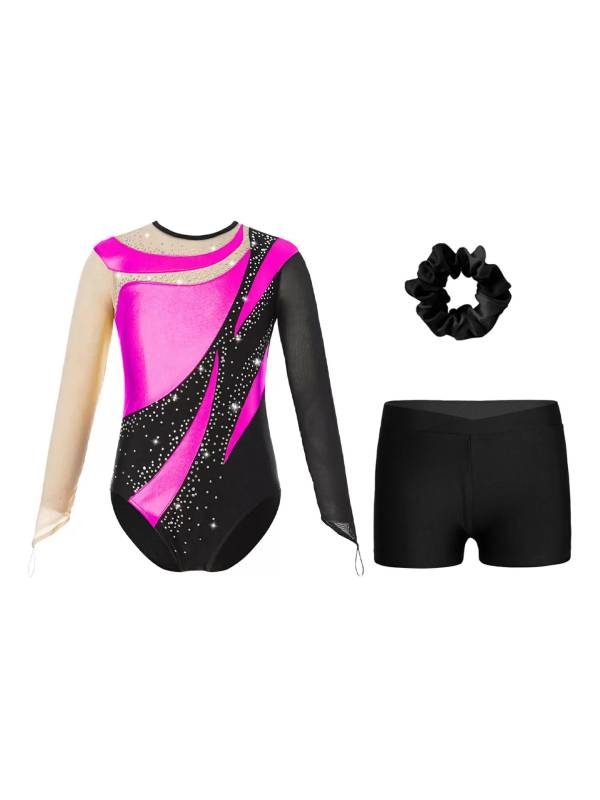 Kids Girls 3pcs Long Sleeve Leotard and Shorts Hairband Gymnastics Set thumb