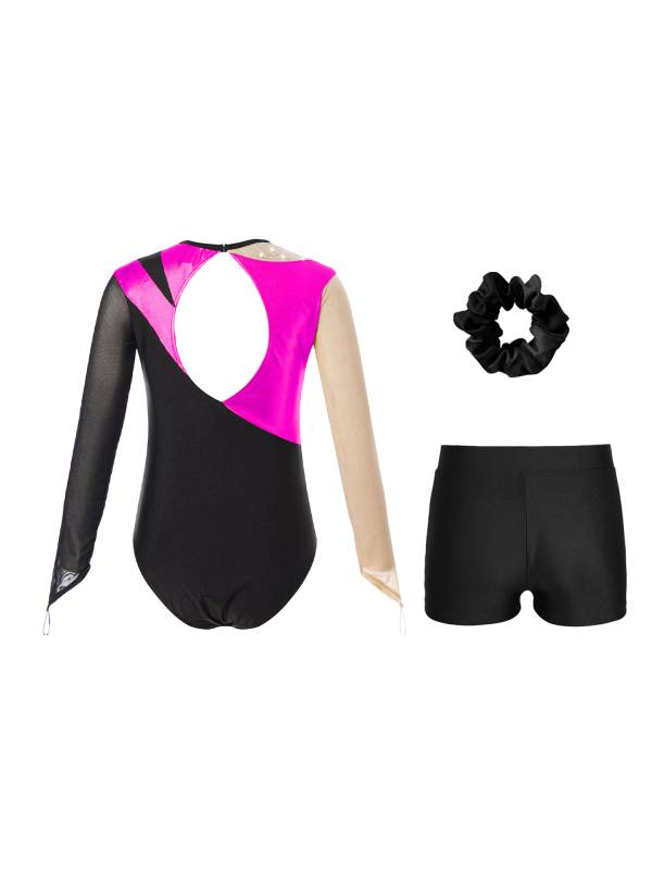 Kids Girls 3pcs Long Sleeve Leotard and Shorts Hairband Gymnastics Set thumb