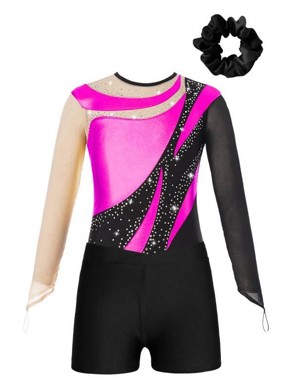 Kids Girls 3pcs Long Sleeve Leotard and Shorts Hairband Gymnastics Set thumb