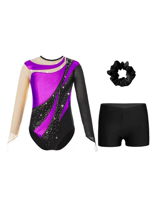 Kids Girls 3pcs Long Sleeve Leotard and Shorts Hairband Gymnastics Set thumb