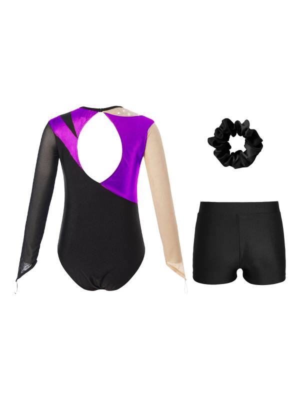 Kids Girls 3pcs Long Sleeve Leotard and Shorts Hairband Gymnastics Set thumb