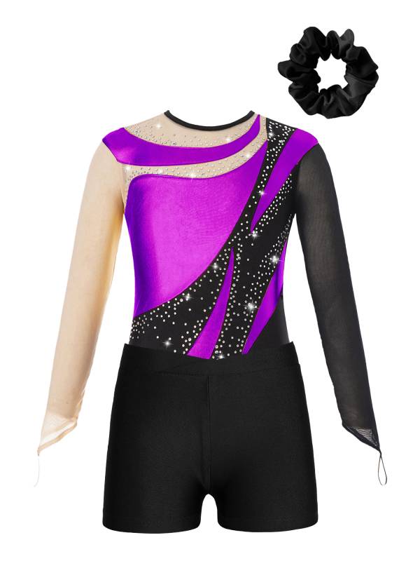 Kids Girls 3pcs Long Sleeve Leotard and Shorts Hairband Gymnastics Set thumb