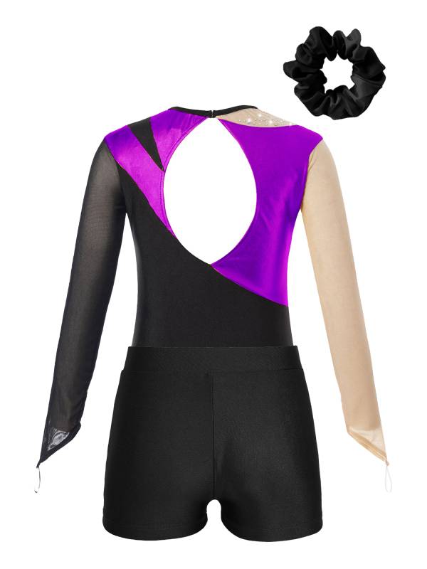 Kids Girls 3pcs Long Sleeve Leotard and Shorts Hairband Gymnastics Set thumb